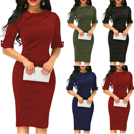 Women Spring Summer Turn-down Collar Fit Work Dress Vintage Elegant Business Office Pencil Bodycon Mini (Best Business Attire For Ladies)