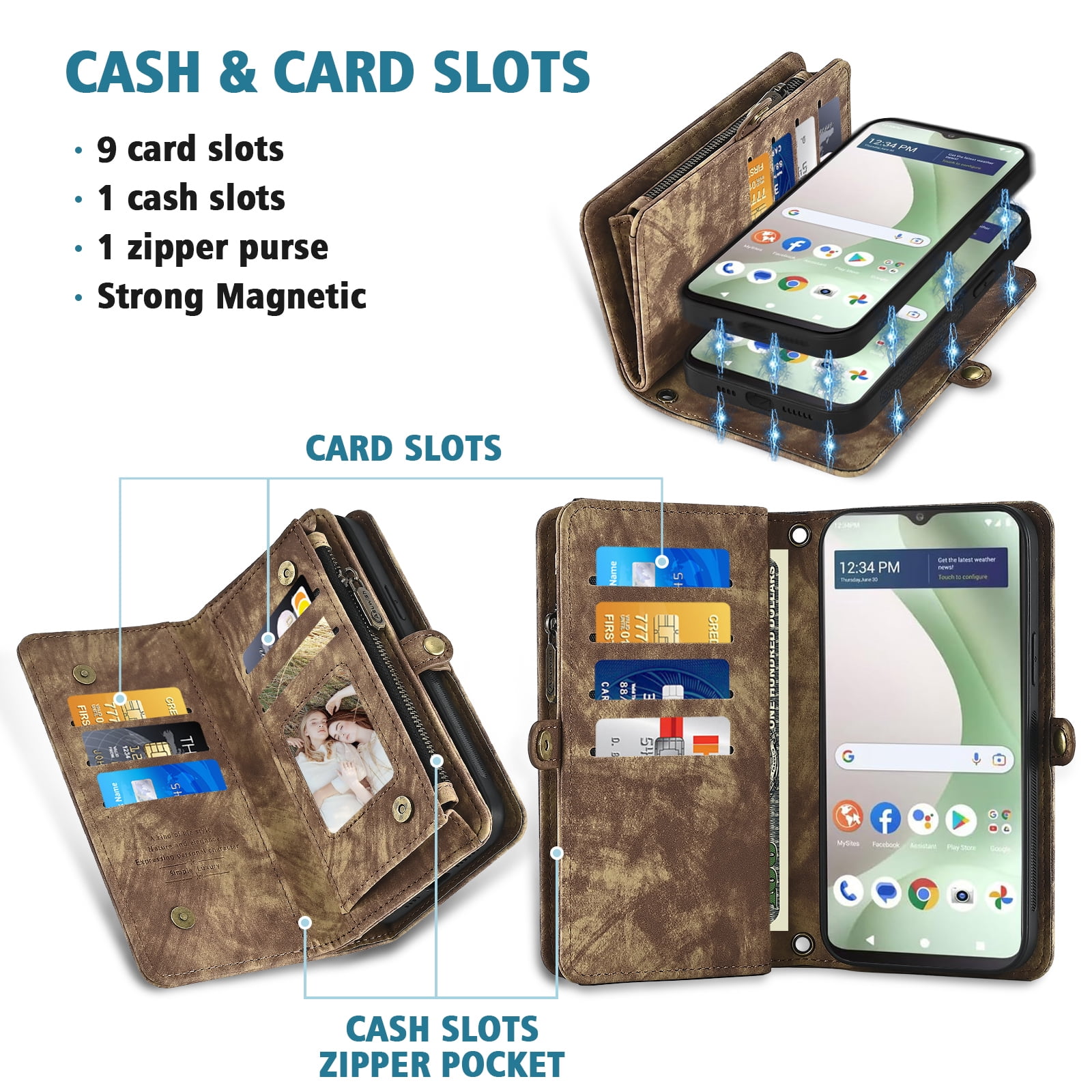 Asuwish Phone Case for Tracfone BLU View 5 B160V Zipper Wallet Detachable Cell Cover with Tempered Glass Screen Protector Crossbody Strap Flip Card Holder Trac Fone BLUE View5 160V 2024 Women Brown