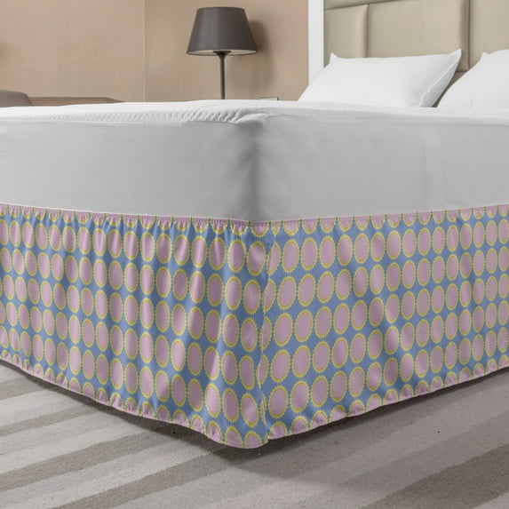 Geometrical Bed Skirt, Abstract Circles Ornaments Along Repetitive Suns Pattern on Blue Background, Elastic Bedskirt Dust Ruffle Wrap Around for Bedding Decor, 4 Sizes, Multicolor, by Ambesonne