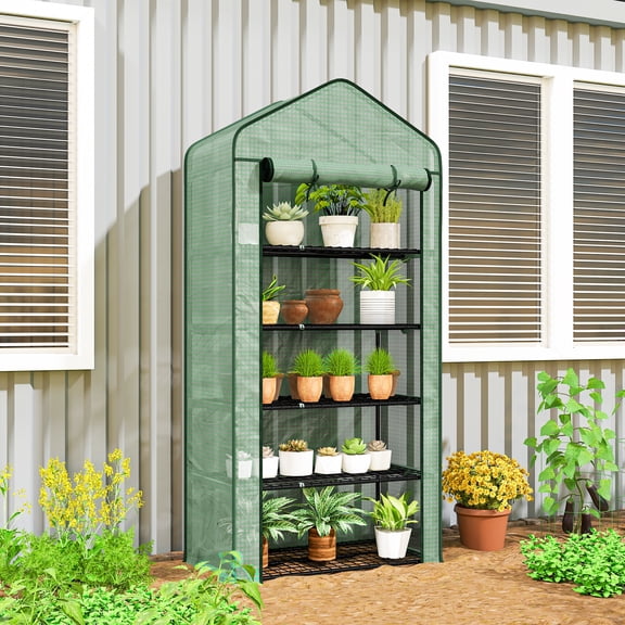 Outsunny 5 Tier Mini Greenhouse with Reinforced PE Cover, Small Portable Greenhouse with Roll-Up Zippered Door, Green