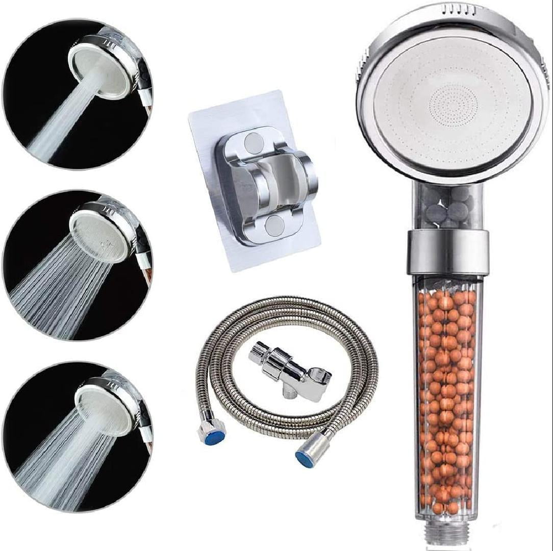 Rain Shower Head with Replacement Hose and Holder, 3Setting High