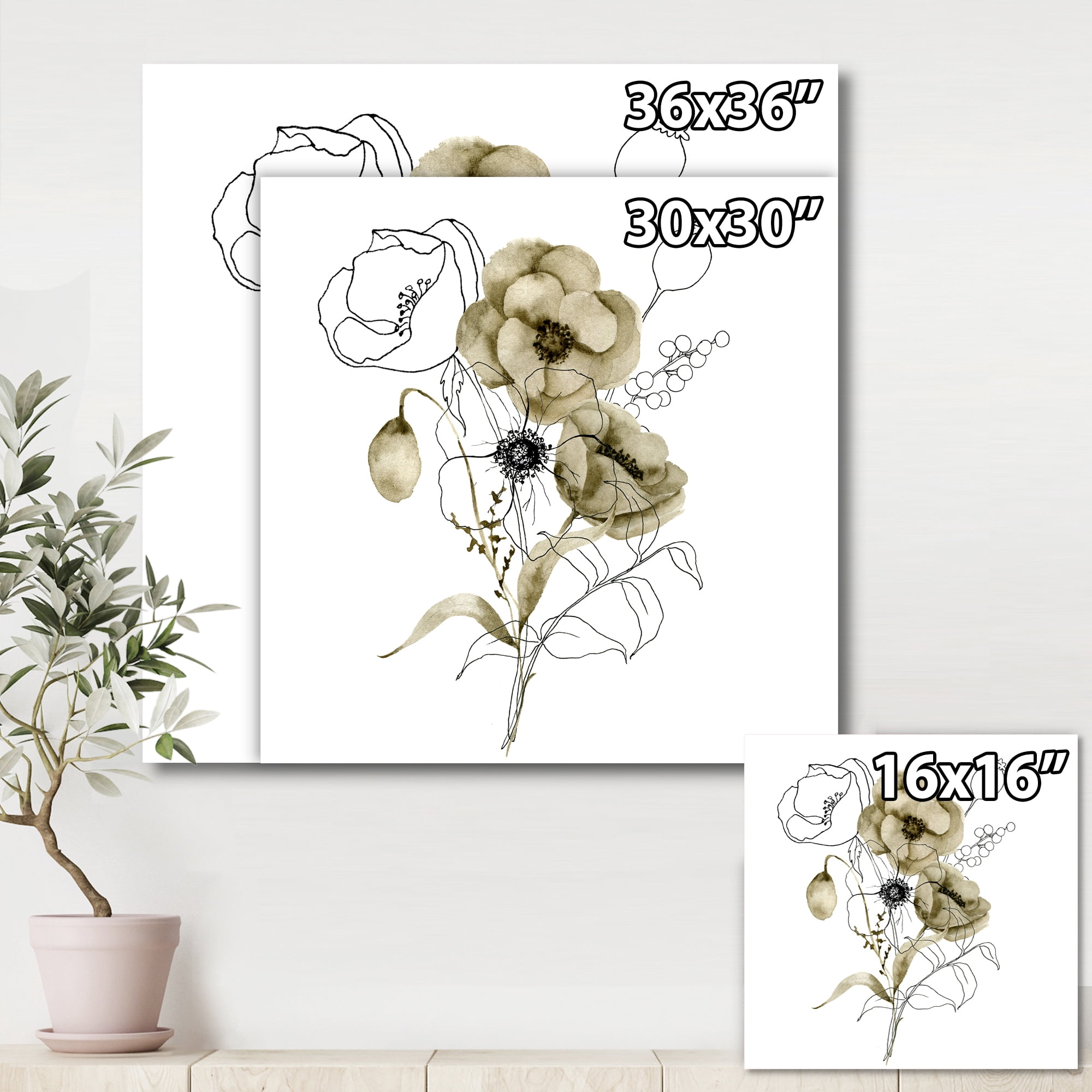 Designart ' Eucalyptus Branches With Anemone Bouquet Flower ' Traditional Canvas Wall Art Print