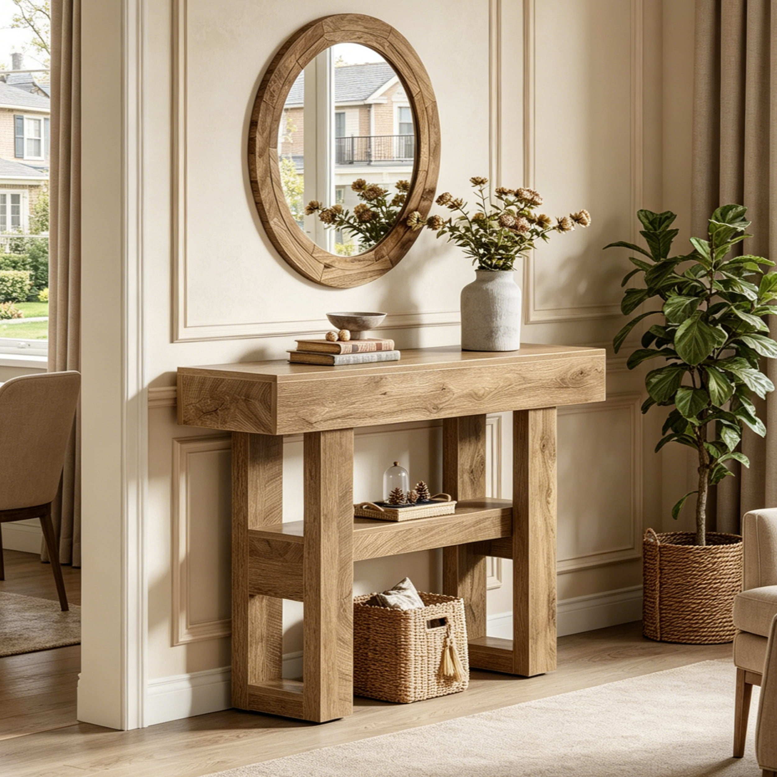 Fnova 41.34" Farmhouse Console Table, Narrow 2-Tier Wood Entryway Table with Storage Shelf, Sofa Table for Living Room, Hallway, Behind Couch, Light Brown