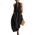 thumbnail image 7 of Women's Cotton Linen Blend Halter Neck Maxi Dress Backless Ruched Detail Side Pockets Casual Summer Black, 7 of 7