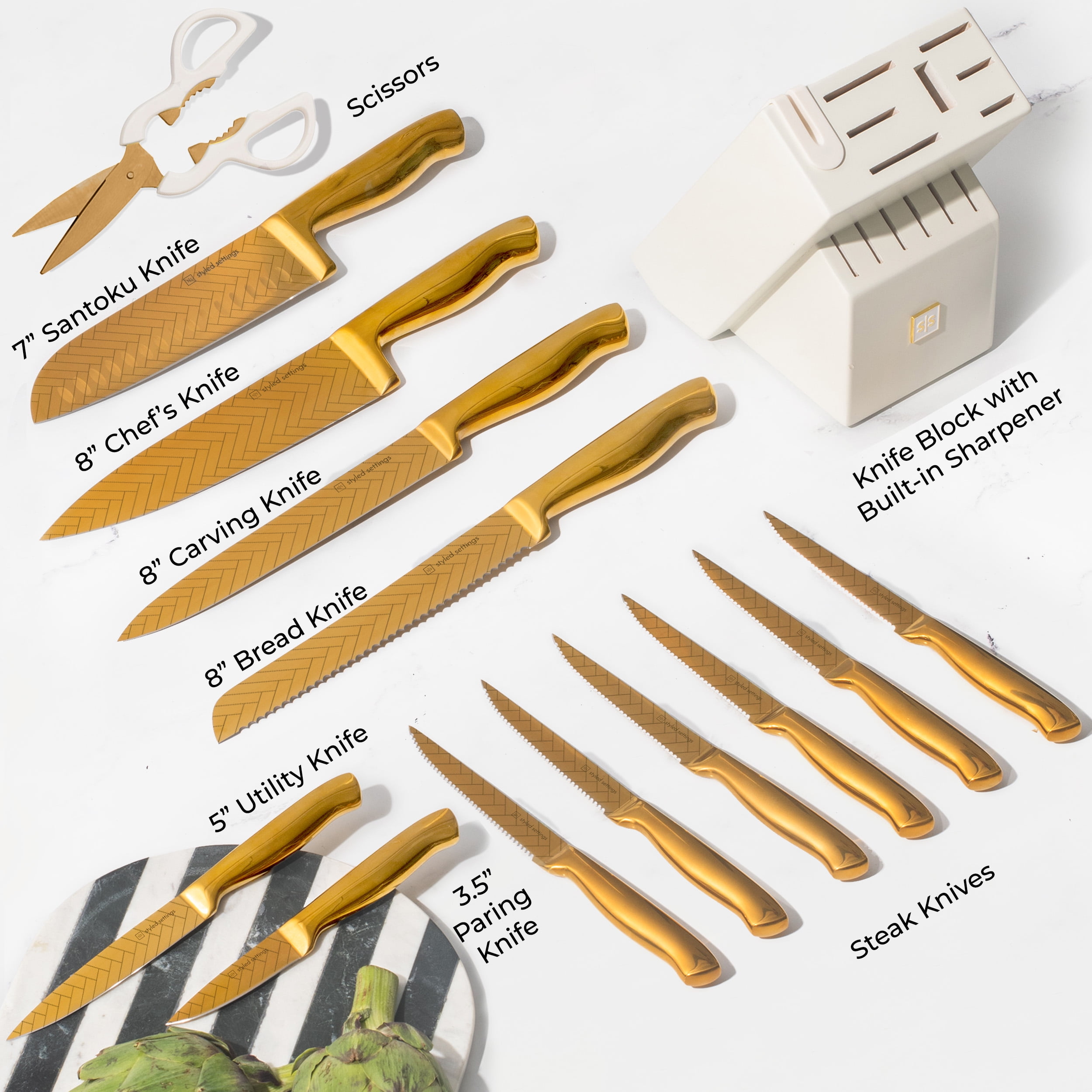 Styled Settings Gold Knife Set for Kitchen – 14-Piece Titanium-Coated Blades with Etched Leaves Pattern, Ultra-Sharp Stainless Steel, Durable & Stylish Kitchen Knife Block Set