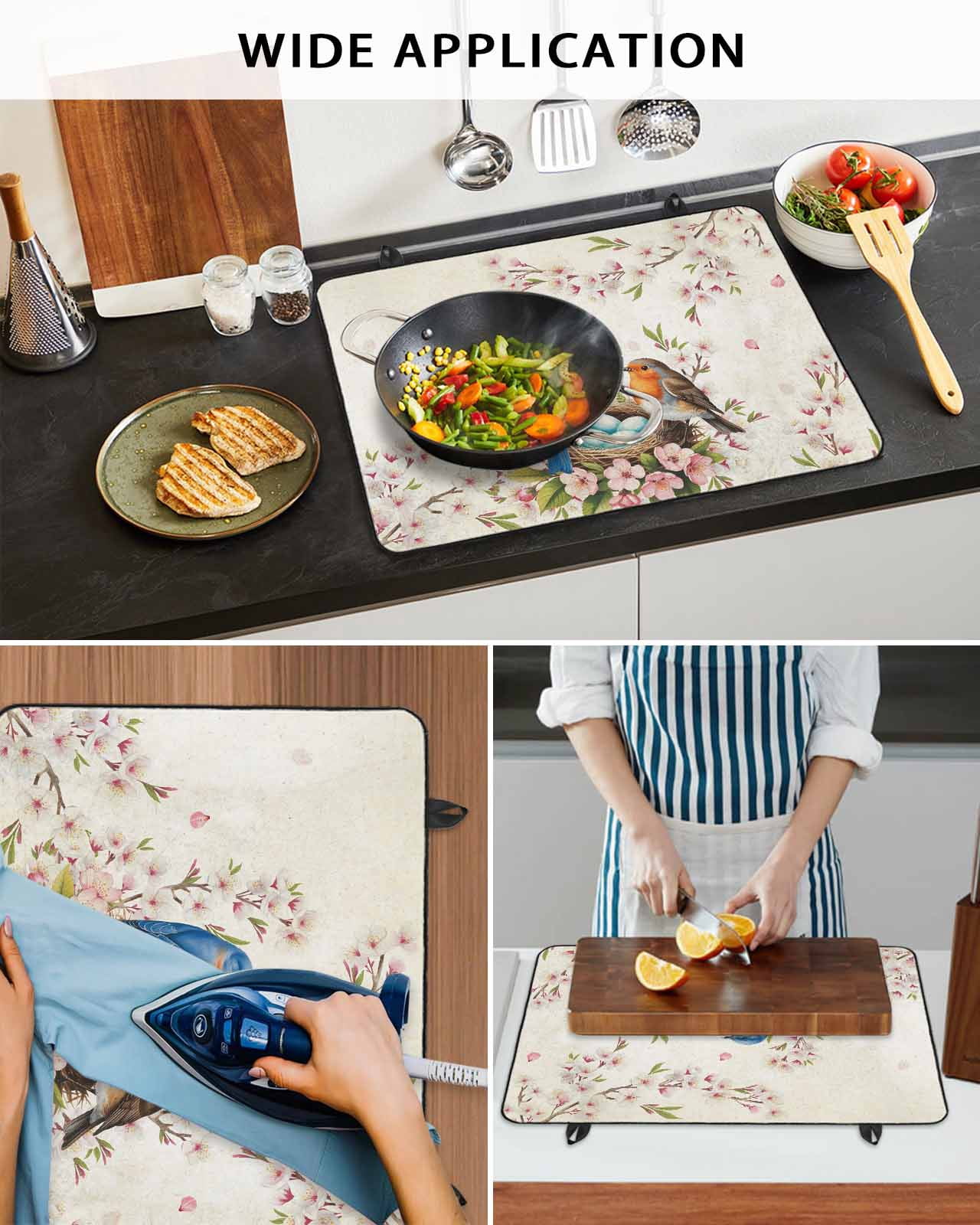 Large Induction Cooktop Protector Mat Birds Floral Stove Top Covers for Electric Stove, Farmhouse Vintage Pink Flower Leaf Decorative Stove Burner Cover Mats, Glass Top Stove Cover