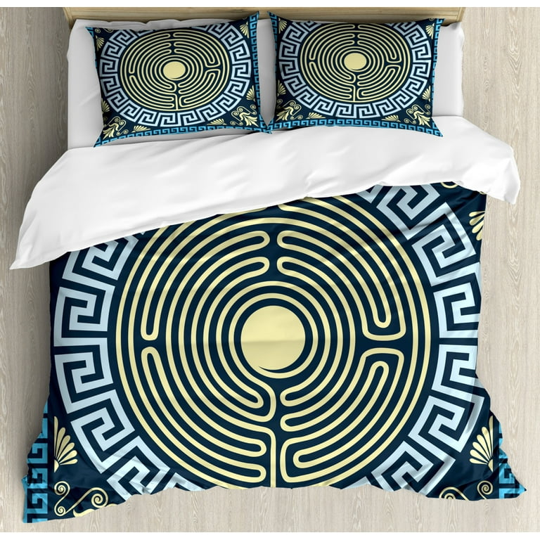 Greek Key Duvet Cover Set Queen Size Yellow and Blue Labyrinth Pattern from Ancient Culture with Floral Details Decorative 3 Piece Bedding Set with