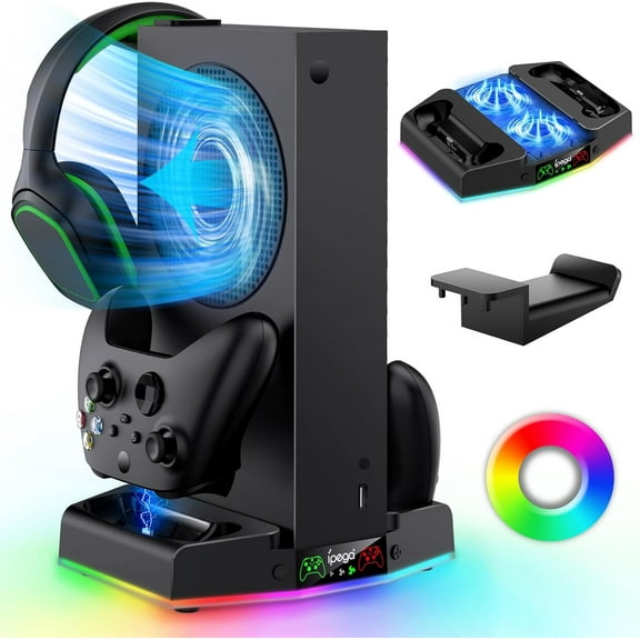 Upgraded Cooling Fan Stand for Xbox Series S with Charger Station, Controller Charging Dock & Console Cooler System with 15 Colorful RGB Light & Headset Hook, Accessories for Xbox Series S