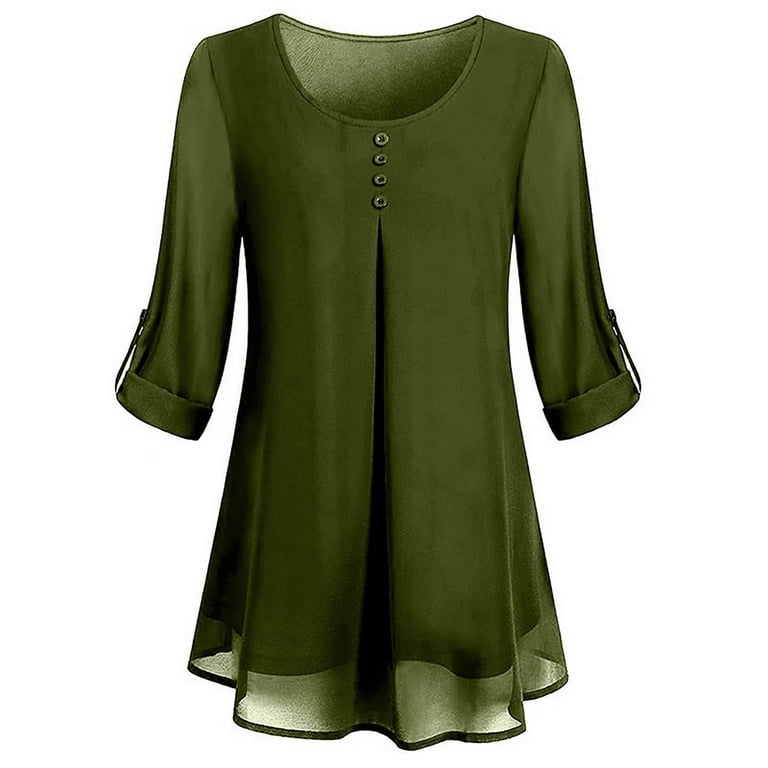 Women's Top Womens O Neck Long Sleeve Casual Office Chiffon Blouse Top For  Women Army Green XXXL