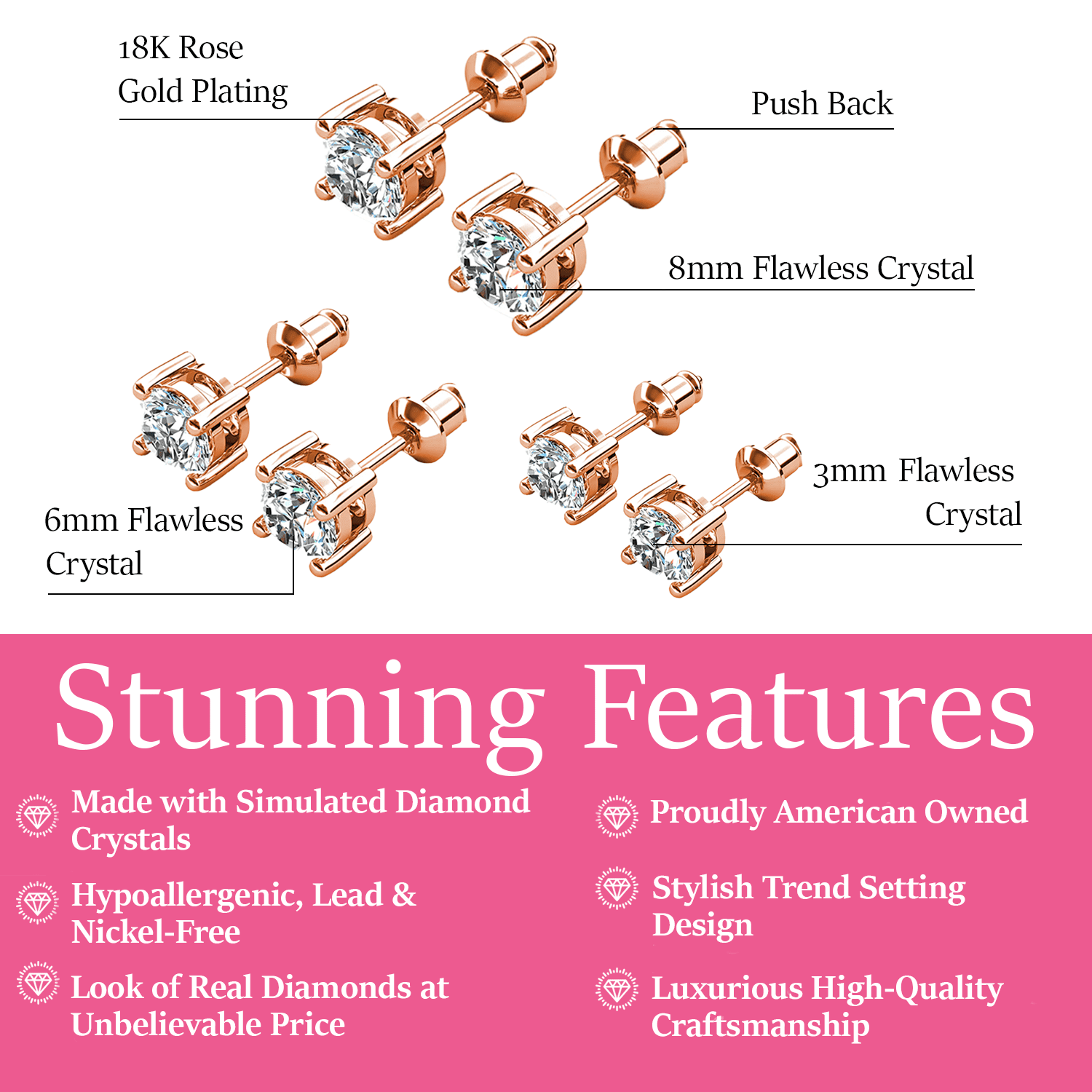 Cate & Chloe Pack of 3 - Mia 18k Rose Gold Plated Stud Earrings with Simulated Diamonds for Women