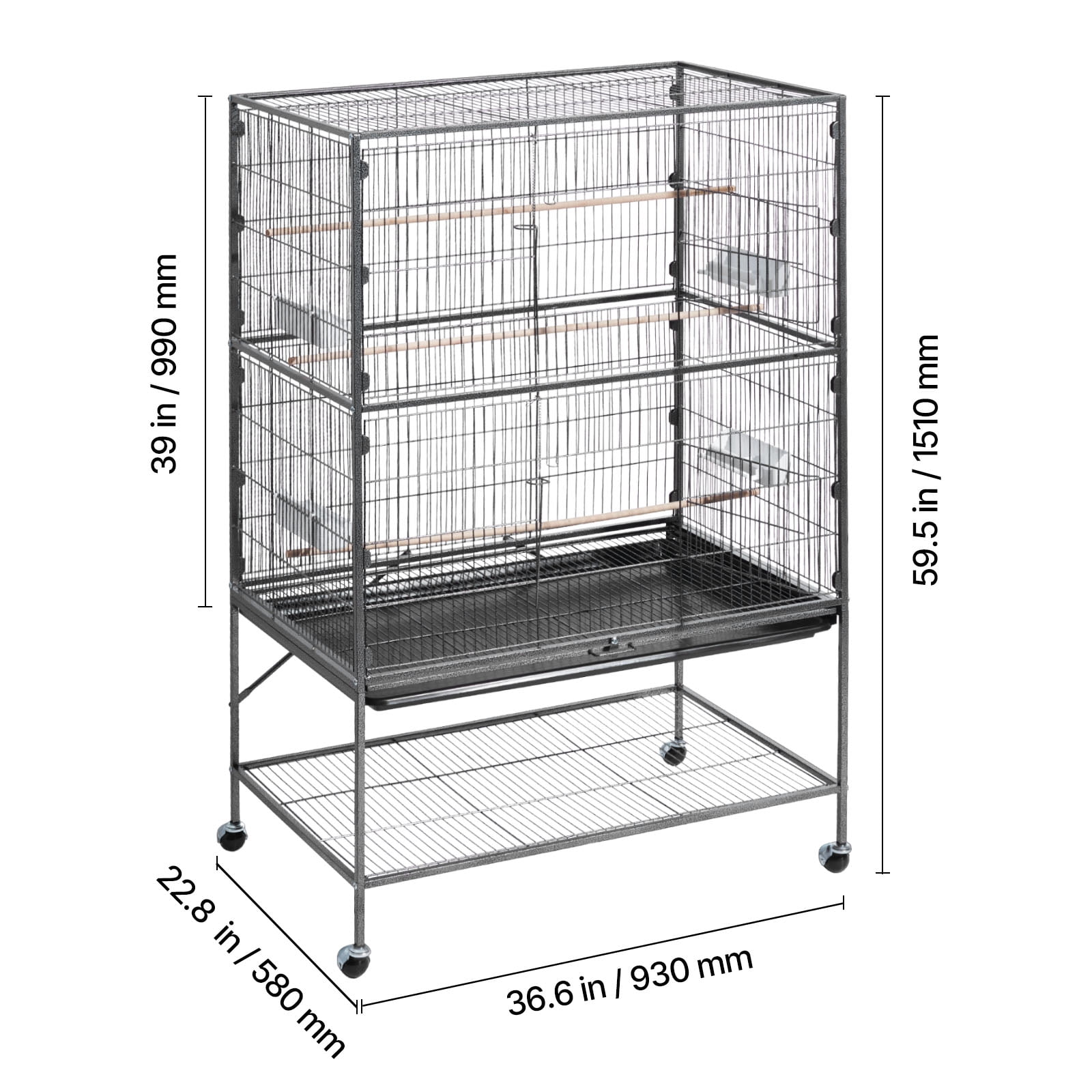 KFFKFF Spacious Bird Cage, 36.6 x 22.8 x 59.5 inch, Flat Top Design, Durable Wrought Iron Construction with Perches, Removable Tray, and Plastic Feeders, Suitable for Various Bird Species