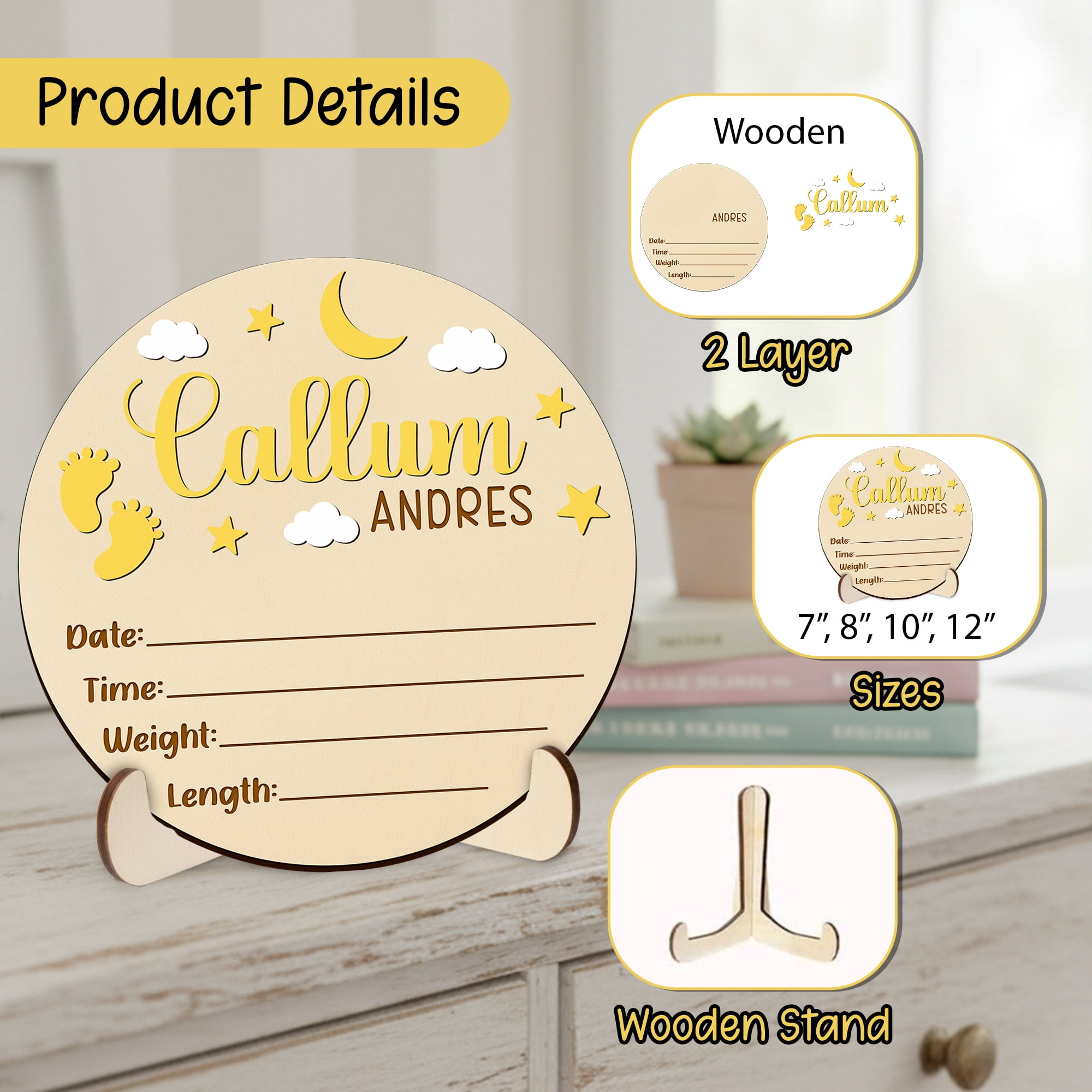 Personalized Baby Birth Name Sign Set, Wooden Nursery Decor with Stand, Custom Newborn Keepsake Gift, Baby Shower & Newborn Announcement