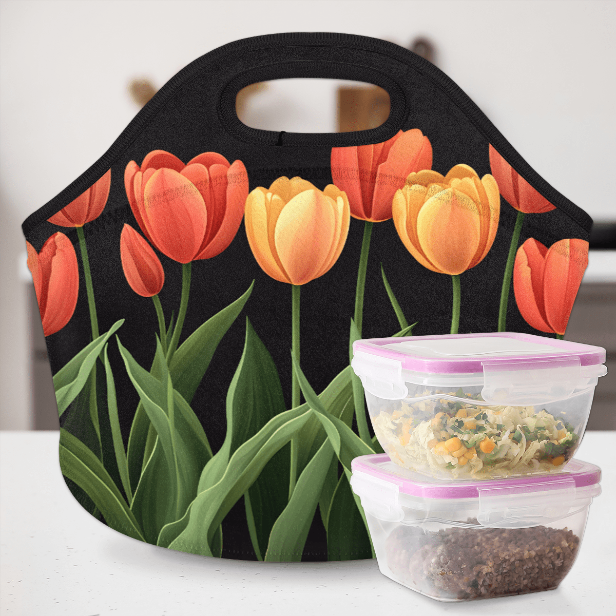 Herdesigns Floral Insulated Lunch Bag Neoprene Lunch Box for Women Men Soft Cooler Bag Tulip Flower Washable Lunch Tote for Work Outdoor Picnic