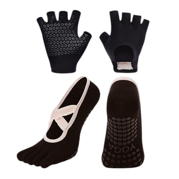 Women's Non-Slip Grip Yoga Sock and Fingerless Glove Set with Toe Separation and Ballet Strap Detail - Black