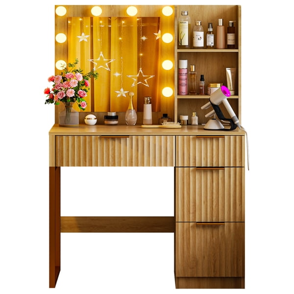 Alvantor 33.46 in Makeup Vanity Desk with Lighted Mirror, Power Strip, 4 Drawers and 2 Shelves, Oak