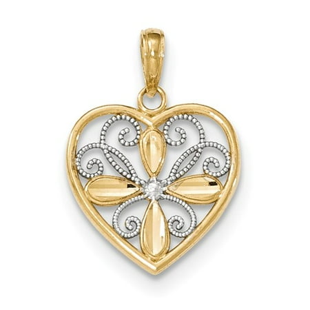 14k Yellow Gold w/Rhodium Polished Heart with Flower Pendant