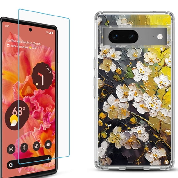 OneToughShield ® for Google Pixel 7a Shockproof Bumper Phone Case, with Tempered Glass Screen Protector - Plum Flower