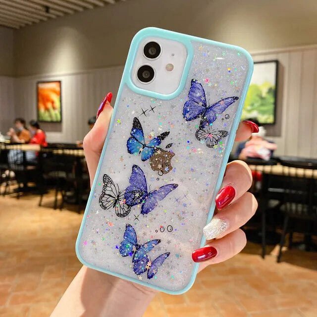 Cute Butterfly Cartoon Phone Case For iPhone 11 12 Pro Max Mini X XR XS Max 7 8 Plus SE 2020 Glitter Clear Soft TPU Back Cover LXY