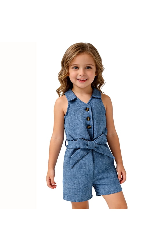 Girls Sleeveless Chambray Romper Button Front Jumpsuit with Waist Belt Casual Tie-Waist Playsuit for Kids Blue 2-3 Years