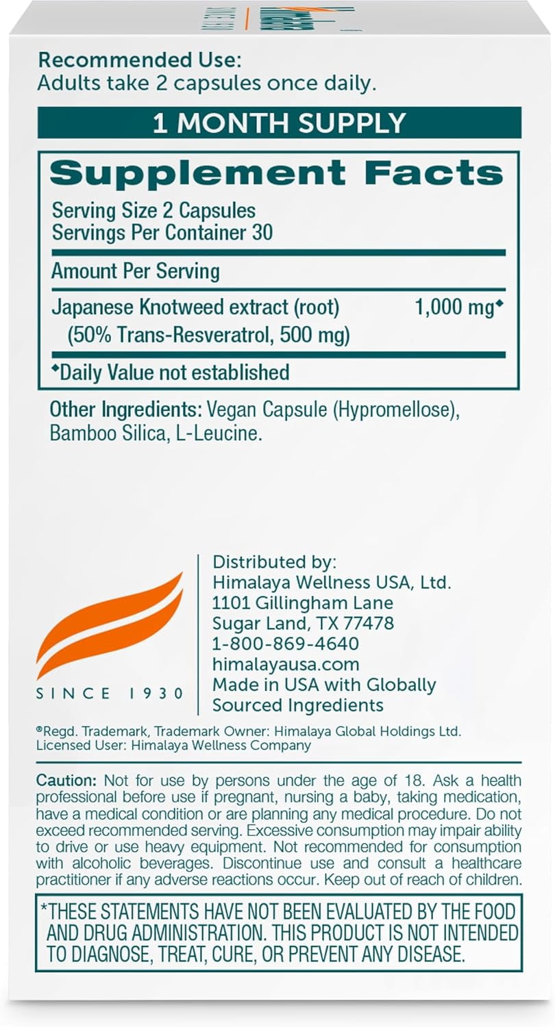 Himalaya Resveratrol for Healthy Aging and Antioxidant Support, 1,000 mg of Resveratrol, with 500 mg Trans-Resveratrol Daily, 60 Vegan Capsules, 1 Month Supply
