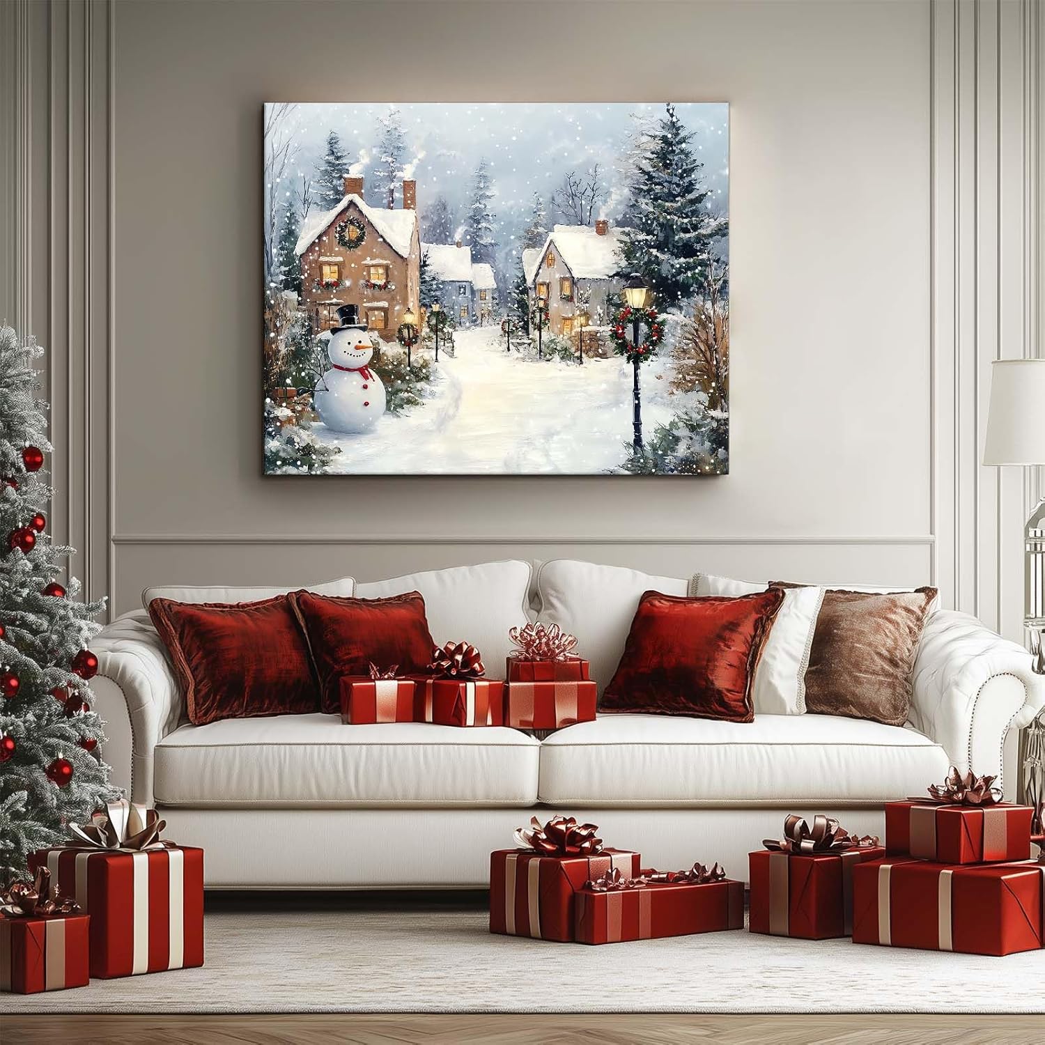 Christmas Canvas Wall Art Decor with Chimneys, Smoke, Street Lamps with Wreaths, Snowmen and Snow Piles, Festive Canvas Print for Room, Holiday-Themed Fixed Canvas for Winter Home Décor,11x14 inch
