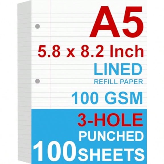 A5 Filler Paper 3 Hole Planner Refills Organizer Loose-leaf Binder Paper 100 Sheets/200 Pages Lined 100gsm White 5.8 x 8.2 Inch 3 Hole Filler Paper Mini Binder Refill Inserts