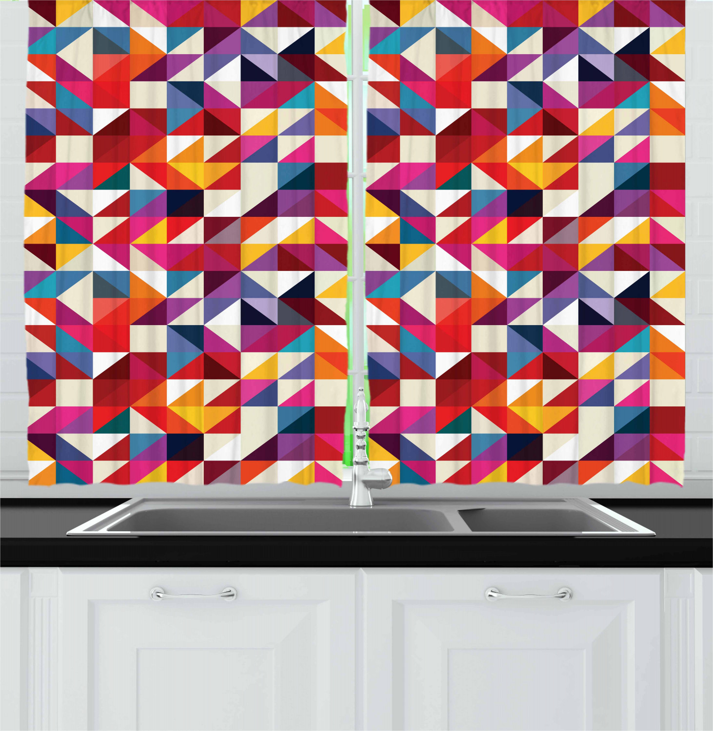 Geometric Curtains 2 Panels Set, Bauhaus Style Geometric Pattern with