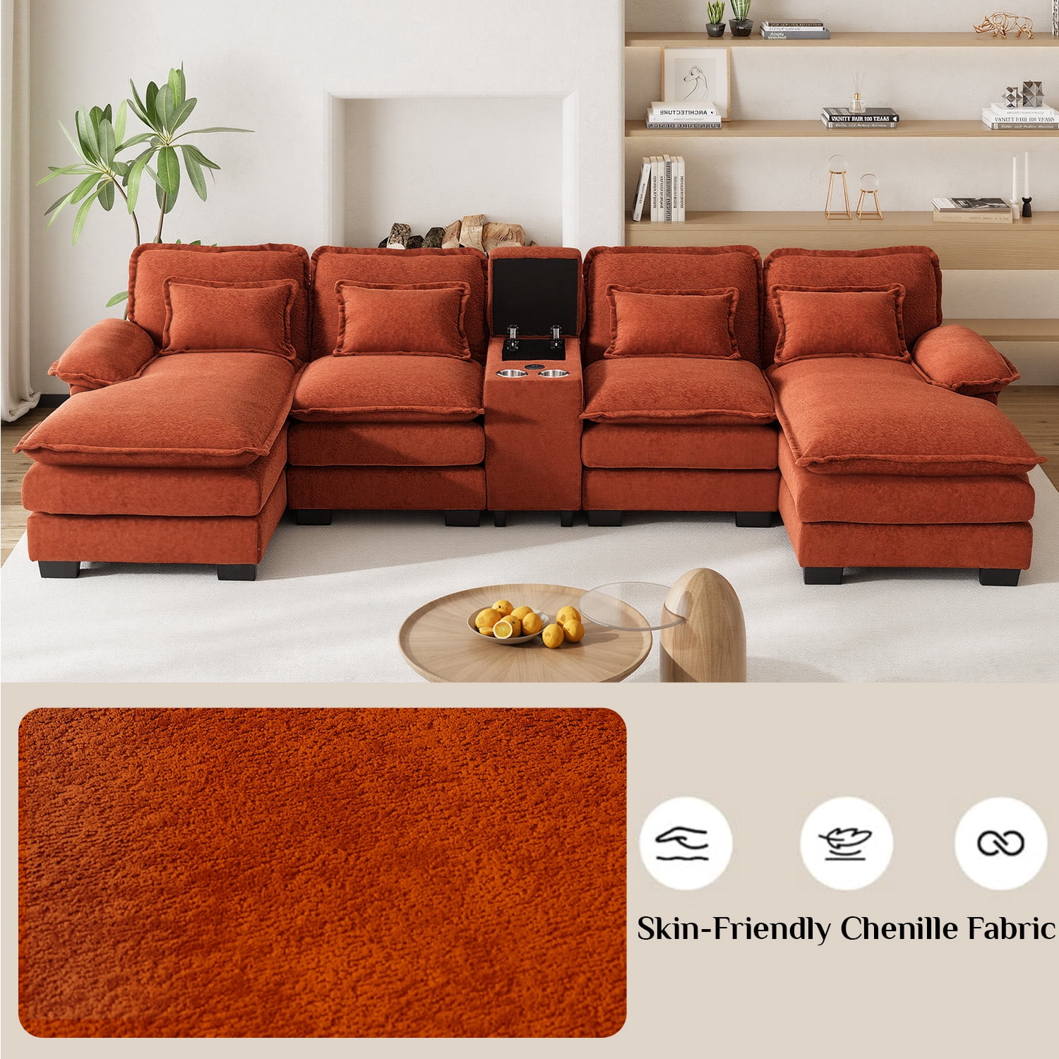 Wiilayok 133" U Shaped Cloud Couch Modular Sectional Couches for Living Room Fluffy Chenille Deep Seat Sofa set w/ Double Chaise Lounge, Storage Central Console, Cup Holders, USB Port, Sunset Orange