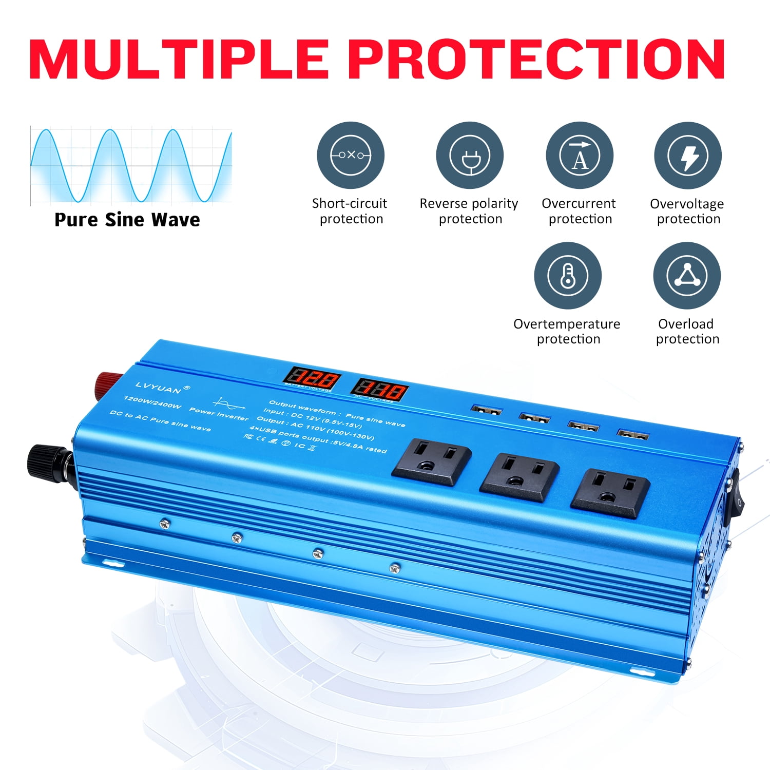 LVYUAN 1200W 2400W Peak Pure Sine Wave Power Inverter 12V to 110V DC to AC Converter with LED Display, 3 US Outlets, 4 USB, Ideal for Vehicles, RVs, Outdoor & Home Use