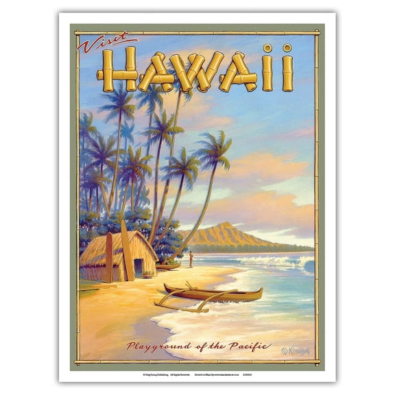 Playground of the Pacific - Visit Hawaii - Diamond Head Crater - Vintage Hawaiian Travel Poster by Kerne Erickson - Master Art Print (Unframed) 9in x 12in