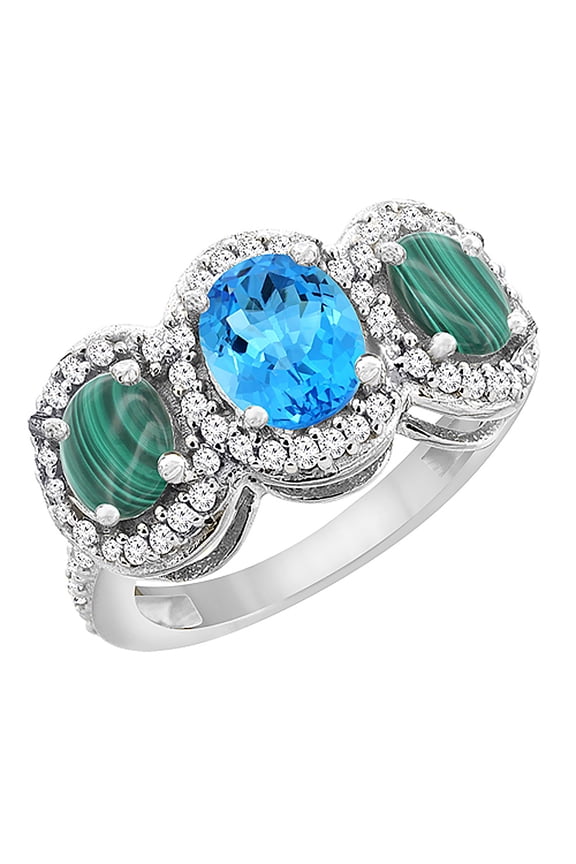 10K White Gold Natural Swiss Blue Topaz & Malachite 3-Stone Ring Oval Diamond Accent, size 8.5