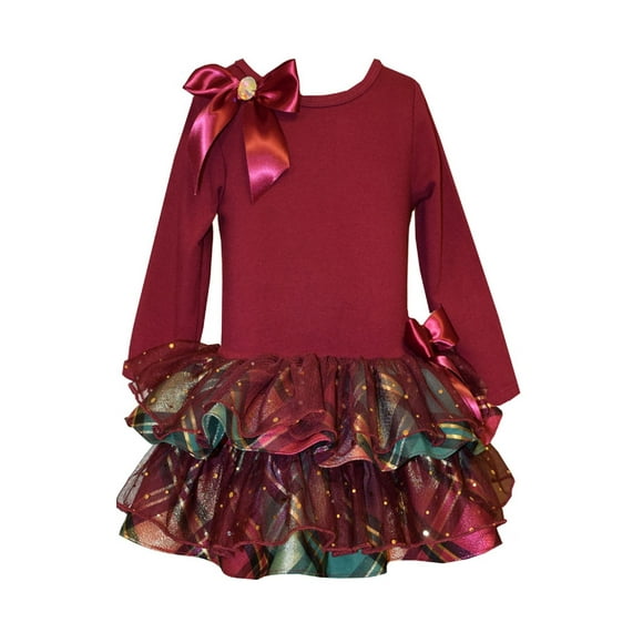Bonnie Jean Girls' Christmas Holiday Plaid Sparkling Ruffles Dress (12 Months, Burgundy)
