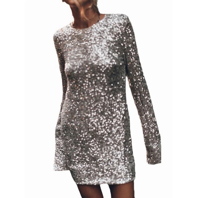 Robe pour Femmes Grande Taille Découpée Manches Longues Robe Moulante Courte Robe de Cocktail Brillante Argent m