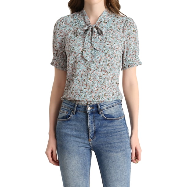 INSPIRAR CHIC Blusa de Mujer con Cuello en V, Manga Abullonada y Floral, Talla XL, Azul Claro