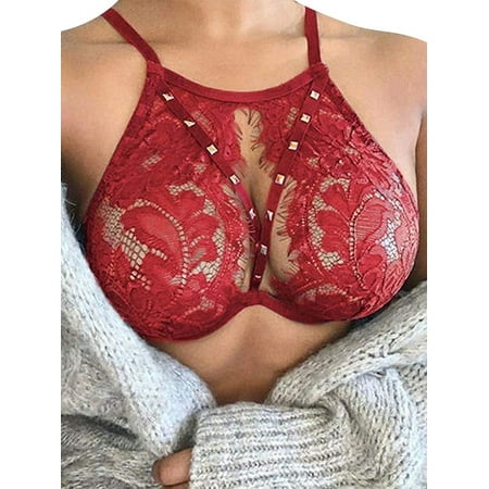 

JustVH Women s Sexy Hollow Bralette Bra Push Up Lace Spaghetti Halter Neck Lingerie