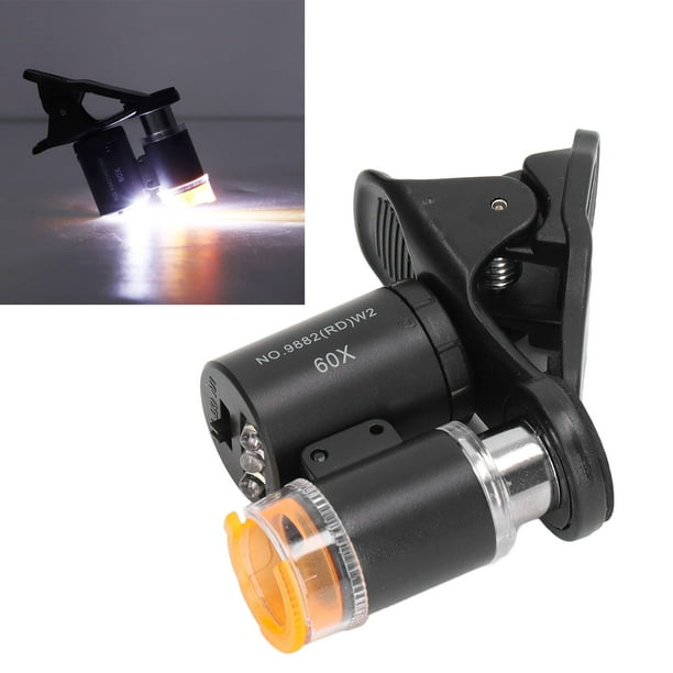 Microscopio Microscopio Para Teléfono 60X Microscopio Portátil Para Teléfono HD 60X Con Luz UV 2 Luces LED Lupa Para Fotografía Negro