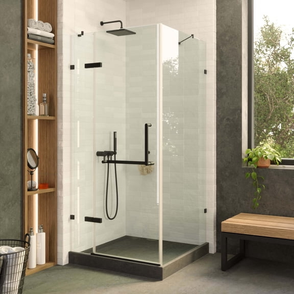 Fine Fixtures Frameless Shower Enclosure Hinged Glass Shower Door - Tempered Glass 32" W x 32" D x 74" H Black Finish