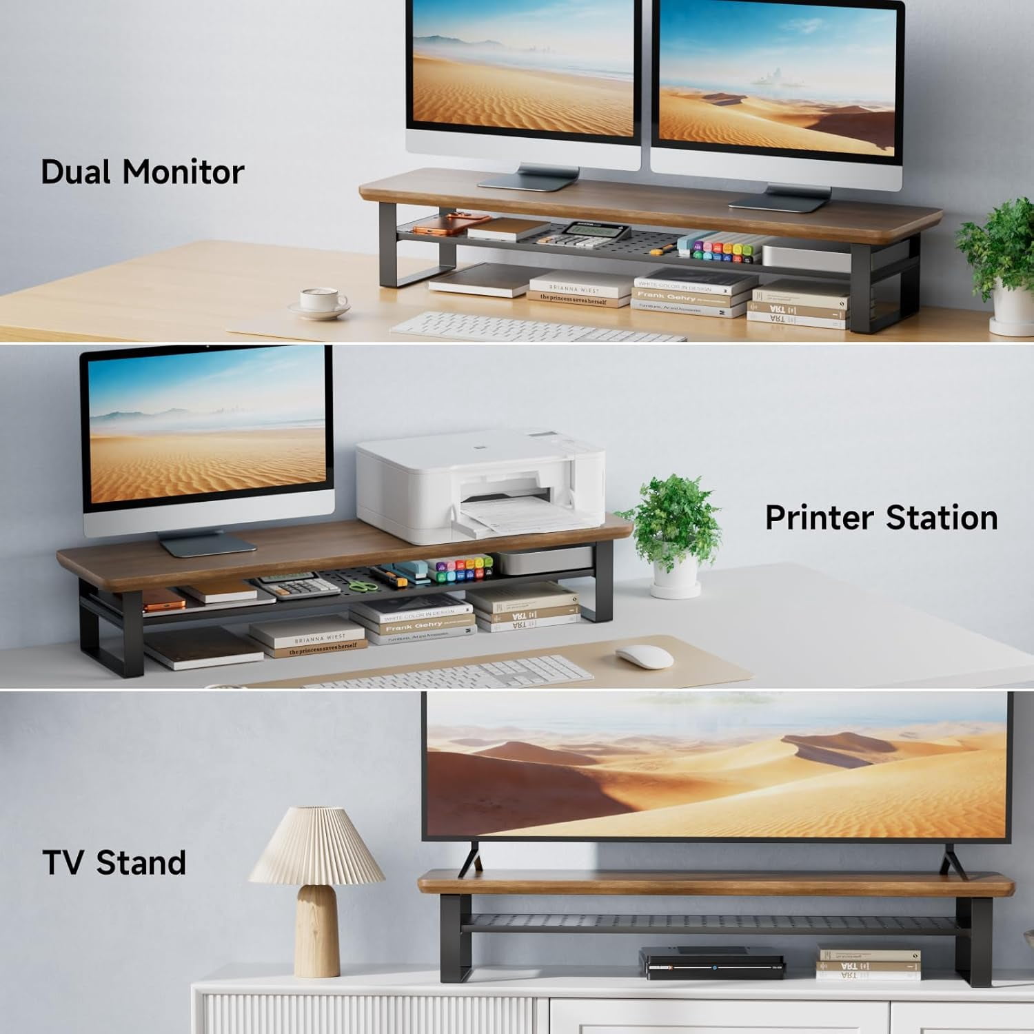 Dual Monitor Stand Riser with Storage, 35.4 Inch Wood Desk Shelf for 2 Monitors Laptop TV Organizer, Ergonomic Computer Stand Black Walnut