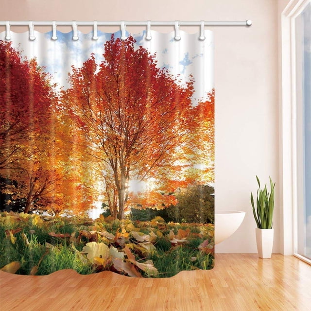 BSDHOME Paysage de la Nature Forêt d'Érable Rouge et Feuilles Mortes en Tissu Polyester Rideau de Bain Automne, Salle de Bain Rideau de Douche 66x72 Pouces