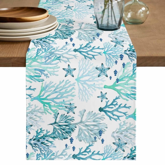 Ocean Coral Table Runner 72 Inches, Summer Nautical Coastal Coral Starfish Blue Green Bed Runner Dresser Scarves Tabletop for Indoor Outdoor Parties/Ceremony/Banquet, 18" x 72"
