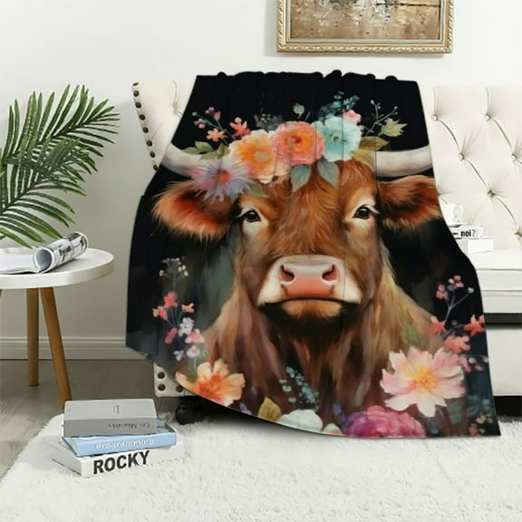 JRXY Highland Cow Blanket Cute Cow Plush Throw Blanket Super Soft Cozy Warm Highland Cattle Bedding Blanket Gifts for Kids Girls Boys Women White