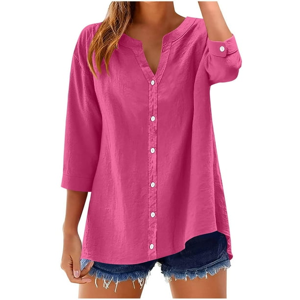 Vestidos Casuales Para Mujer, Blusas De Mujer De Moda Blusas de moda para mujer, de color liso, de imitación de lino y lino, con mangas 3/4, escote en V y botones.