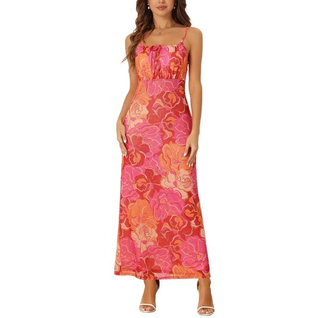 Vestidos de impresión floral Boho INSPIRE CHIC para mujeres, vestido maxi sin mangas con tirantes de espagueti rosa L