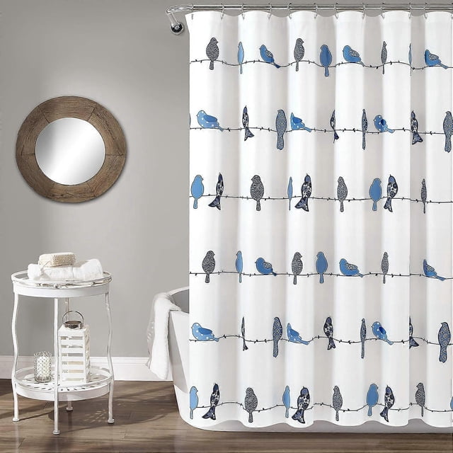 Navy Rowley Shower Curtain-Floral Animal Bird Print Design for Bathroom, 72 in x 72