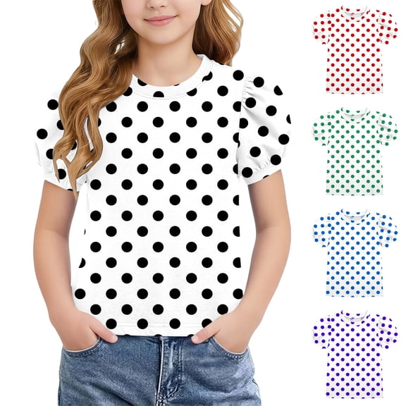 Asxite Toddler Girls Tshirt Polka Print Puff Sleeve Crew Neck Fashion Casual Summer Tops 4-15Y