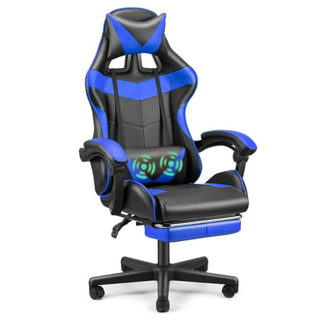 Soontrans Gaming Chair Office Chair, Massage Computer Chair with Adjustable Headrest & Lumbar Support & Footrest, Ergonomic High Back Game Gamer Chair for Adults Kids, Blue