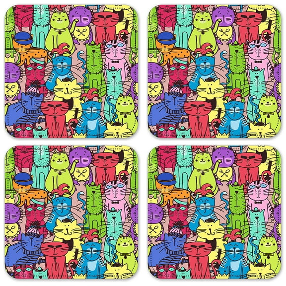 Vinyl Drink Coasters - Set of 4 - Colorful Cat Toss