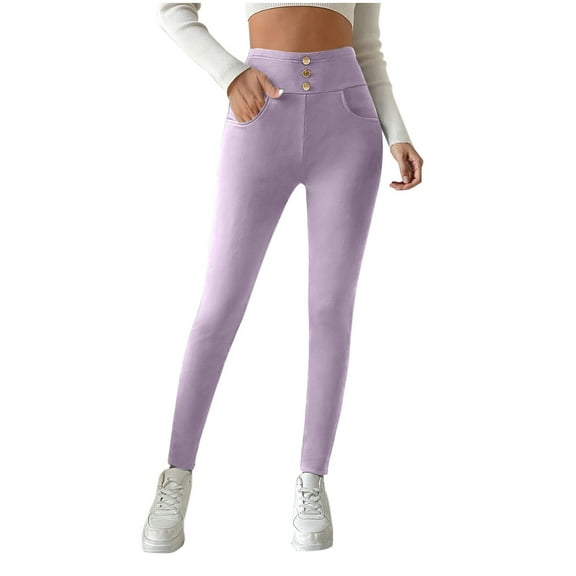 Women's Solid Color Leggings Casual Fleece-Lined High Waisted Legging Thermal Winter Pants with Pockets Purple L