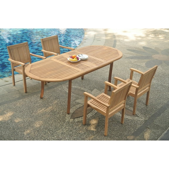 Grade-A Teak Dining Set: 4 Seater 5 Pc: 94" Double Extension Oval Table And 4 Leveb Stacking Arm Chairs Outdoor Patio WholesaleTeak #WMDSWVm