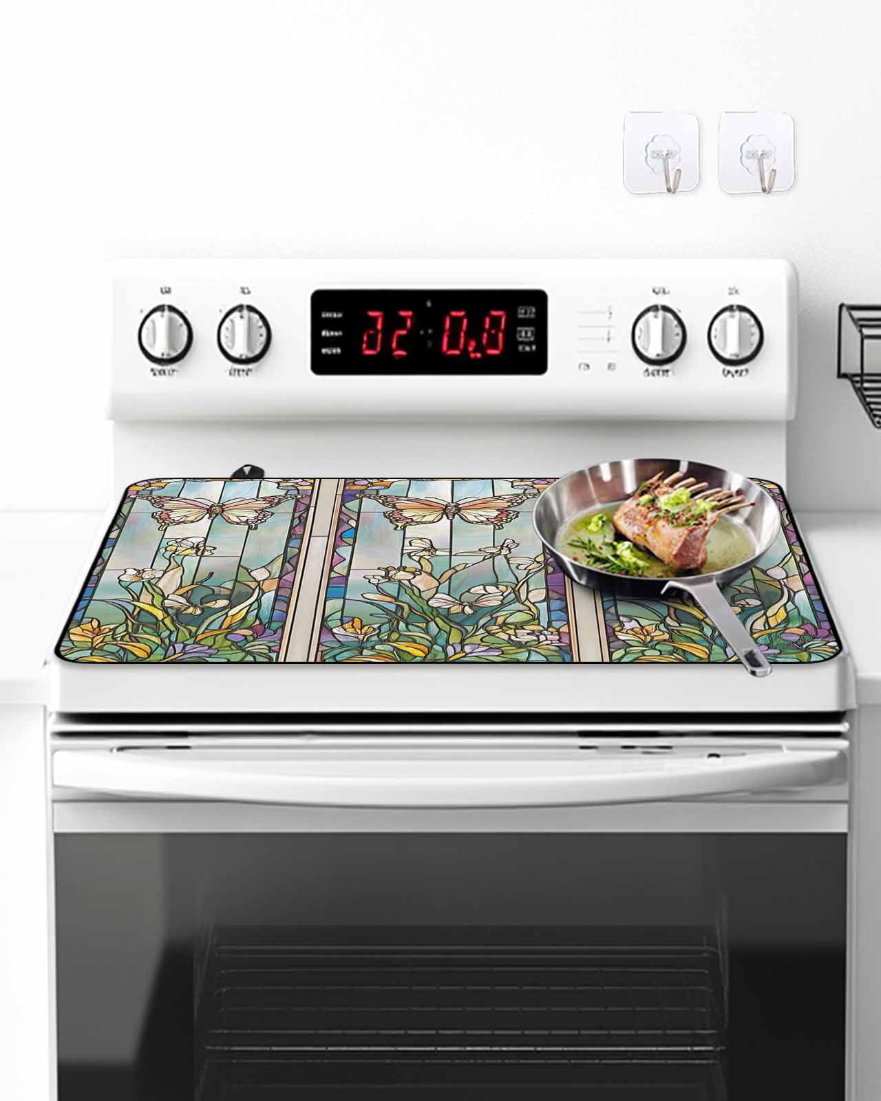Stove Top Covers for Electric Stove, Colorful Butterfly Glass Stovetop Cover Protector, Spring Botanical Summer Vintage Induction Cooktop Protector Oven Mat for Kitchen Countertop 24"x21"
